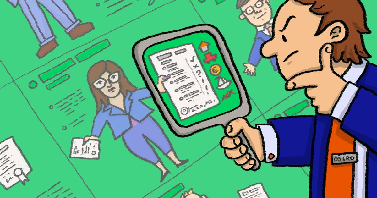 Ilustracija moškega, ki s povečevalnim steklom pregleduje podatke o premoženju funkcionarjev