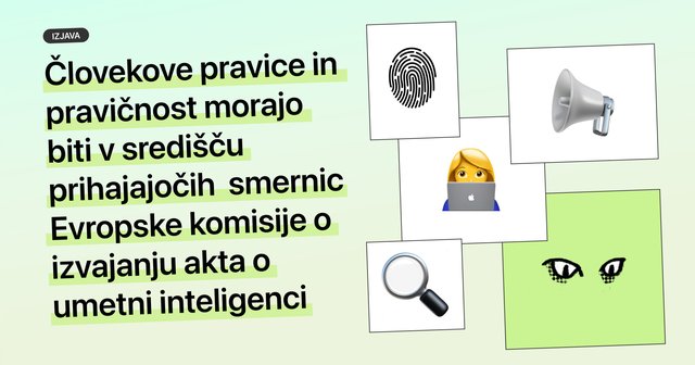 Ilustracija, ki poudarja pomembnost človekovih pravic in pravičnosti pri izvajanju akta o umetni inteligenci, z vizualnimi elementi, kot so prstni odtis, megafon, povečevalno steklo in simboli digitalnega opazovanja