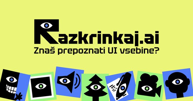 Logotip orodja Razkrinkaj.ai z ikono očesa v črki R, na dnu slike pa ilustracije, ki ponazarjajo umetno inteligenco v slikah, zvoku, video posnetkih in podobno