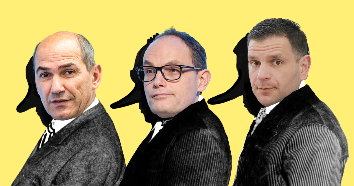 Janez Janša, Anže Logar in Zoran Stevanović, v ozadju pa njihove silhuete, ki imajo dolge nosove