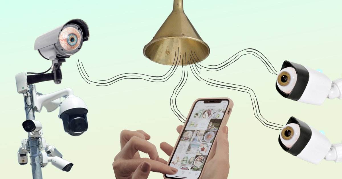 Grafika roke z mobilnim telefonom, ki brska po družbenih omrežjih, medtem ko jo opazujejo nadzorne kamere, na vrhu slike pa sesa lijak, kar simbolizira zbiranje podatkov.