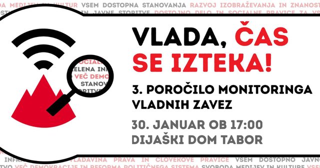 Logotip iniciative Glas ljudstva, torej rdeč Triglav in znak za WiFi, ikona povečevalnega stekla in naois Vlada, čas se izteka!