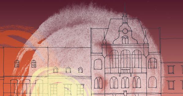 Abstraktna ilustracija pročelja zgodovinskih mestnih stavb z arkadami, narisanih s tankimi črtami. V ozadju so obarvane teksture v toplih odtenkih temno rdeče, oranžne in rumene barve, ki spominjajo na poteze s čopičem.