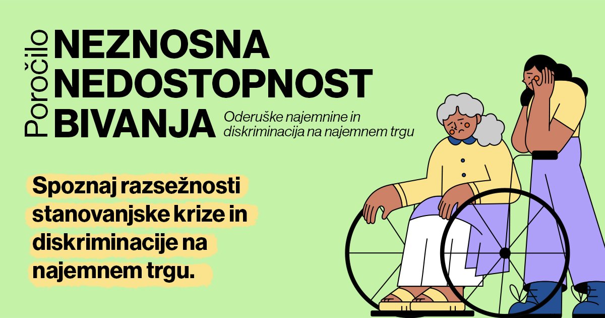 Naslov poročila Neznosna nedostopnost bivanja: Oderuške najemnine in diskriminacija na najemnem trgu, poleg pa ilustracija zaskrbljene ženske in gospe na invalidskem vozičku