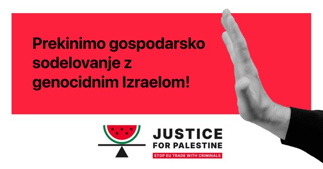 Črno-bela dvignjena dlan v gesti ustavitve ob rdečem ozadju, spodaj je logotip kampanje Justice for Palestine.