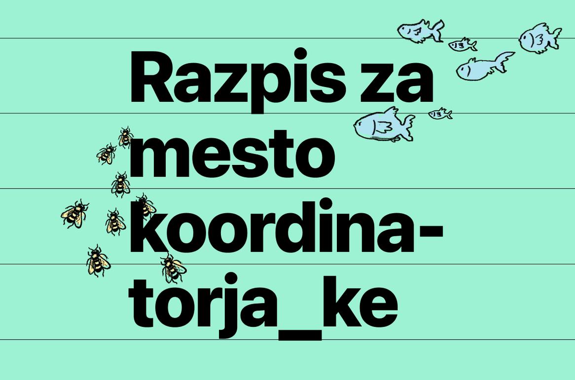 Na modrozelenem ozadju napis v štirih vrstah: Razpis za mesto koordinatorja_ke. Ilustracija rib in čebel.