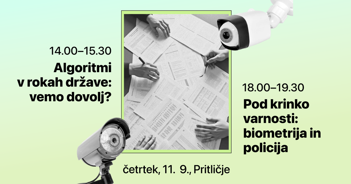 Naslovna slika dogodka z uro, krajem in naslovi panelov. V sredini je na zelenem ozadju črnobela fotografija uradniških rok nad papirji na mizi, to gledata dve kameri z očmi.