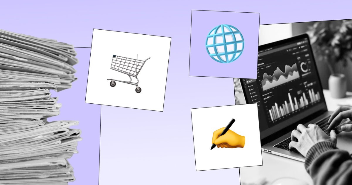 Kup papirjev, ikone nakupovanja in interneta ter roka s pisalom ob zaslonu z grafi, ki ponazarjajo digitalne rešitve in javna naročila.