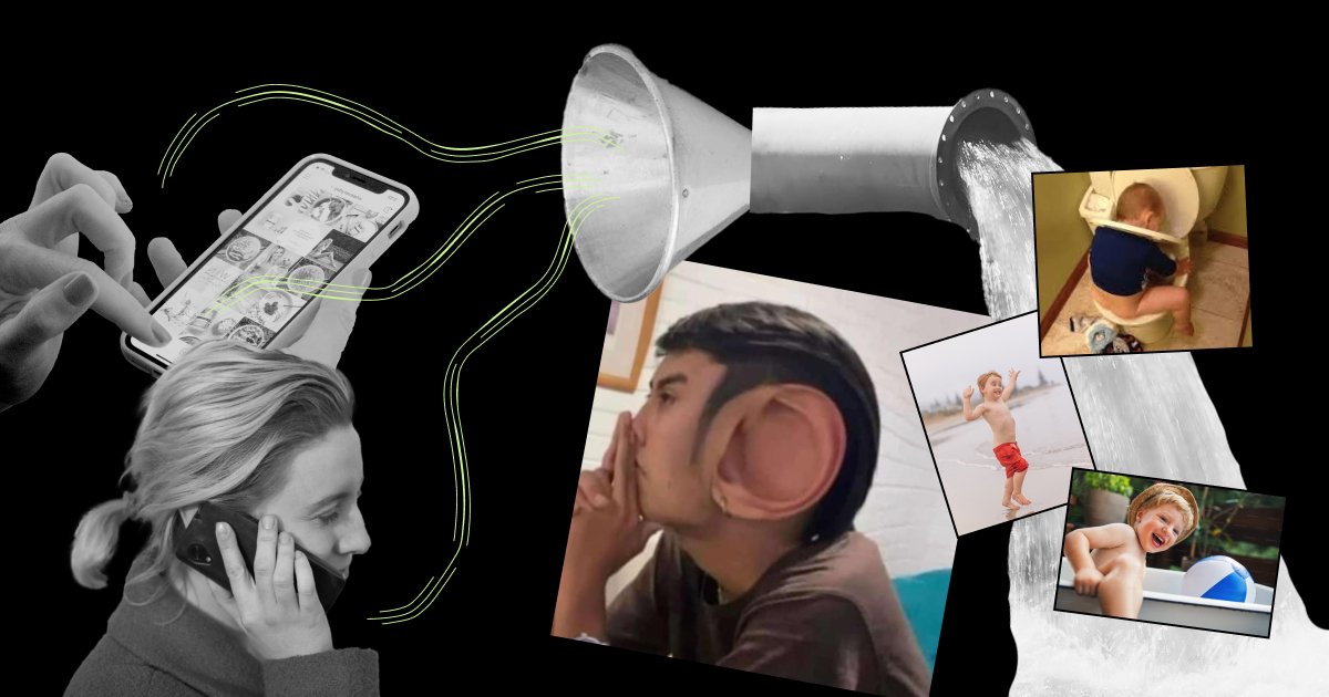 Kolaž z elementi zasebnosti in podatkov, oseba uporablja telefon, lijak in cev simbolizirata pretok informacij, povečano uho nakazuje prisluškovanje, ob strani pa humorni prizori otrok.