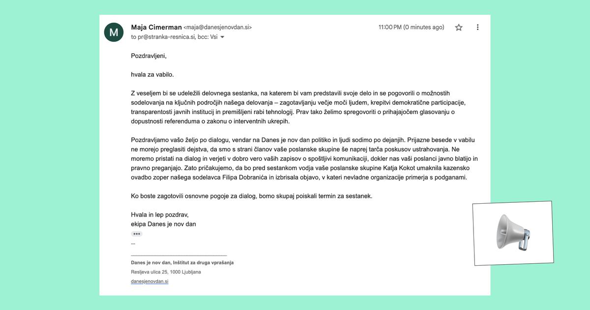 Zajem zaslona z e-sporočilom poslanski skupini Resni.ca
