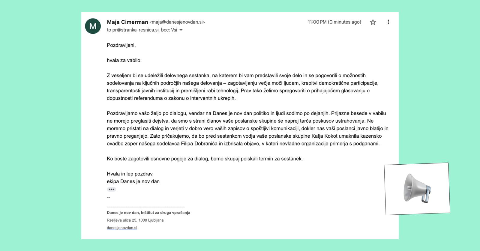 Zajem zaslona z e-sporočilom poslanski skupini Resni.ca