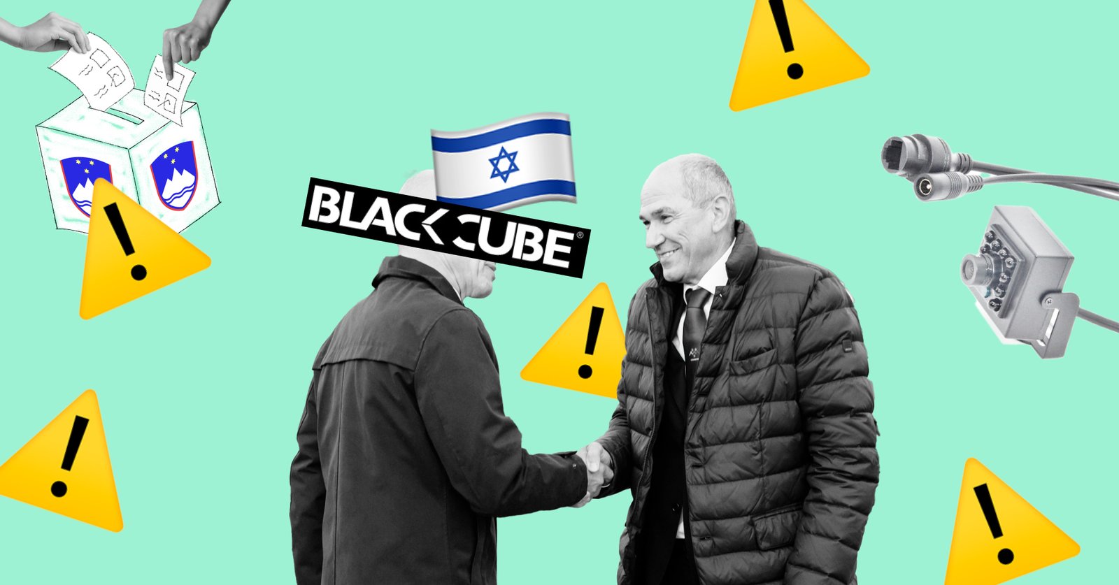 Kolaž prikazuje Janeza Janšo, ki si podaja roko z osbeo, katerega obraz je zakrit; nad slednjim je napis »Black Cube« z izraelsko zastavo, okoli pa so simboli nadzora (kamera, kabli), opozorilni znaki in volilna skrinjica z grbom Slovenije, kar namiguje n