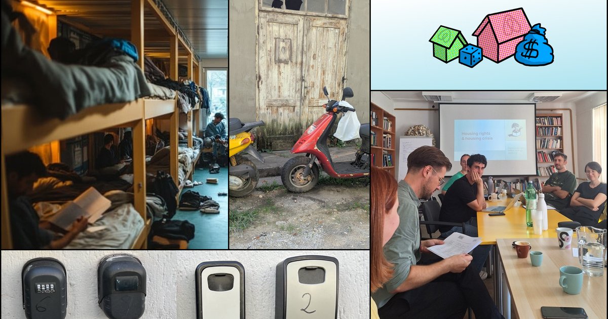 Kolaž fotografij, ki prikazujejo stanovanjsko krizo, prenatrpana soba s pogradi, zapuščena hiša, ključi v omaricah, skuterja pred razpadajočimi vrati ter dogodek o pravicah do stanovanja.
