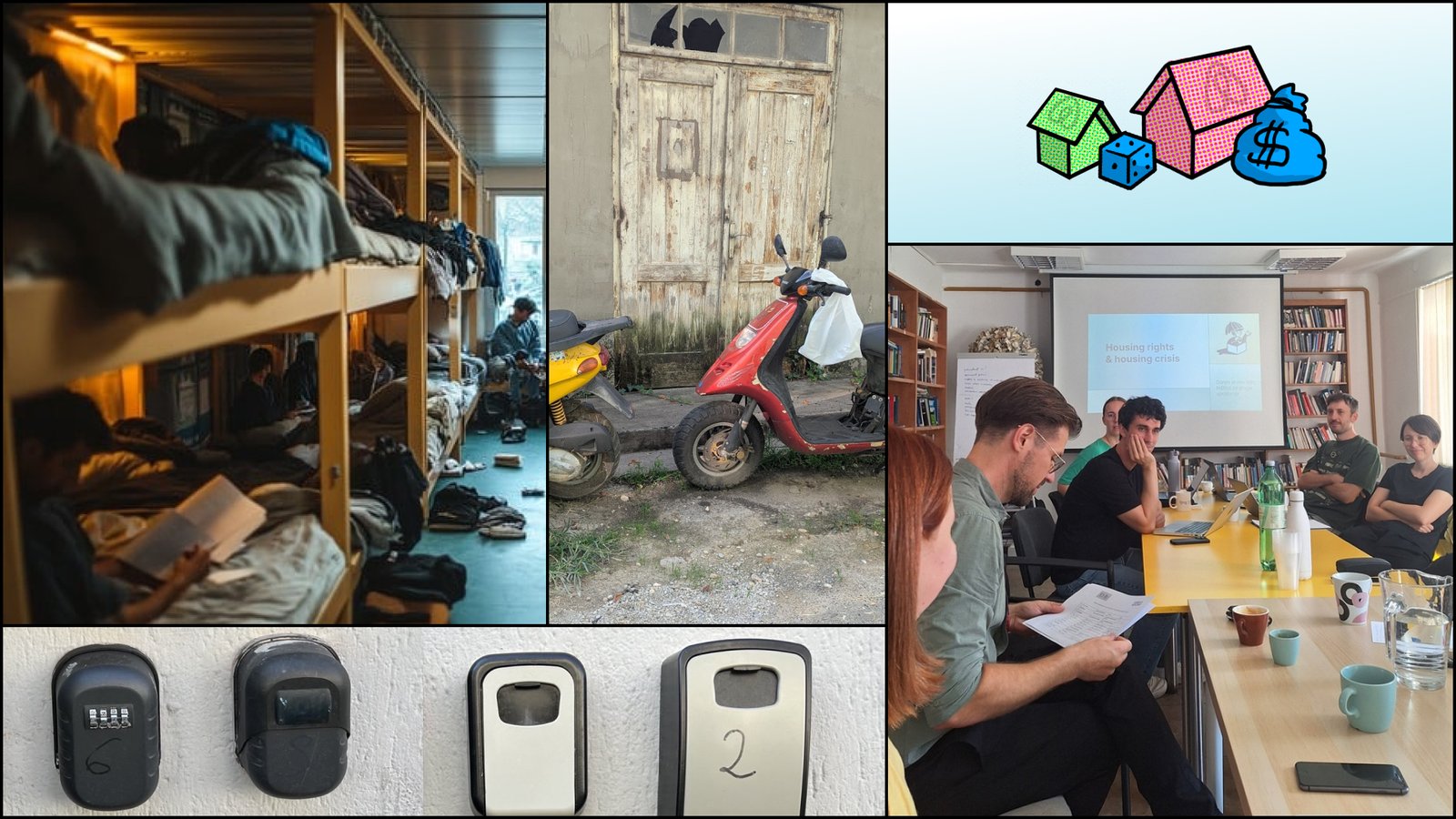 Kolaž fotografij: vrata z dvema mopedoma v Zagrebu, Airbnb ključavnice, fotografija udeležencev z dogodka, ilustracije hiške, igralne kocke in vreče denarja.