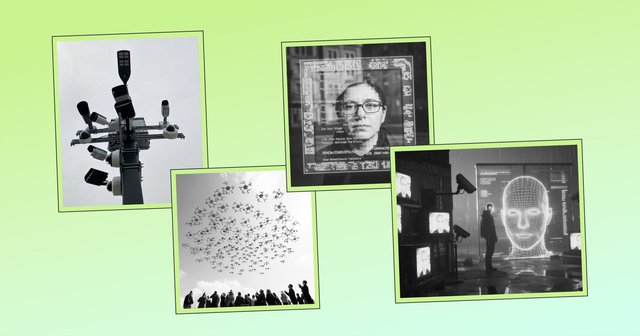 Kolaž črno-belih fotografij, ki prikazujejo različne oblike nadzora, množico varnostnih kamer, obraz v digitalnem okvirju, jato dronov nad ljudmi ter digitalno projekcijo obraza ob nadzornih kamerah.