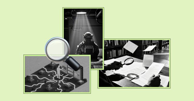 Kolaž črno-belih fotografij z motivi nadzora in pregledovanja, vojak z oznako »classified« pod reflektorjem, oseba z lupo nad dokumenti ter povečevalno steklo nad shemo umetne inteligence.