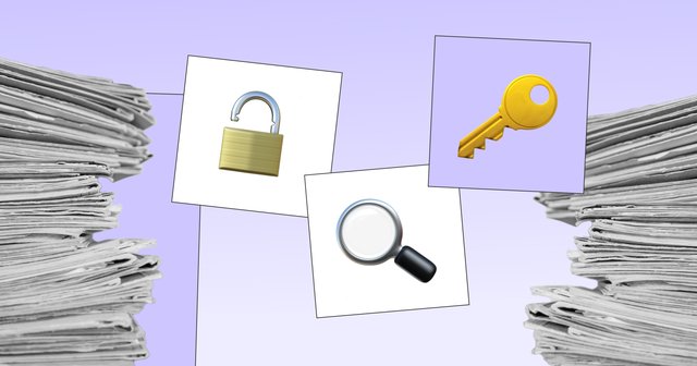 Ikona ključavnice, povečevalnega stekla in ključa, ob straneh pa kupi papirja