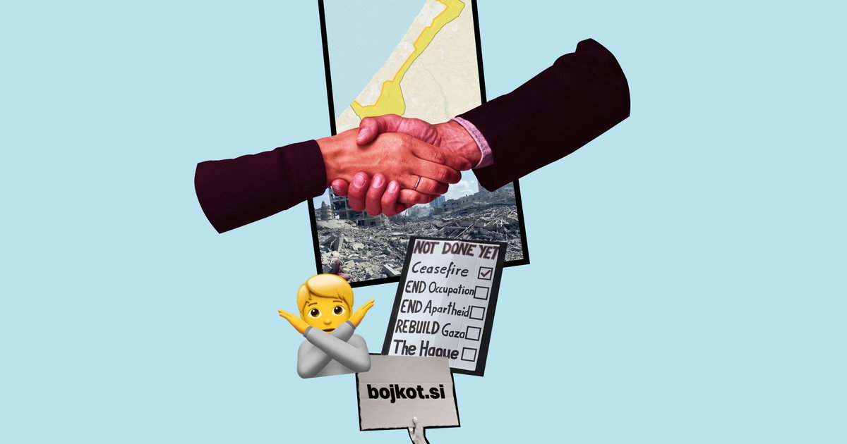 Kolaž fotografij: Gaza z rumeno linijo, rokovanje, uničenje Gaze, protestni plakati, emoji NE.