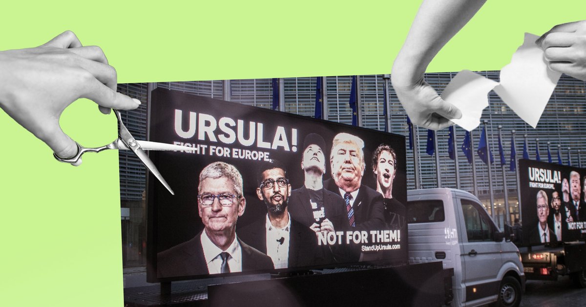Kolaž fotografij: roka s škarjami, roki, ki trgata papir, fotografija iz akcije v Bruslju z ekrani, na katerih so fotografije Muska, Trumpa, Zuckerberga, Pichaia, Cooka in napis Ursula, fight for Europe, not for them!