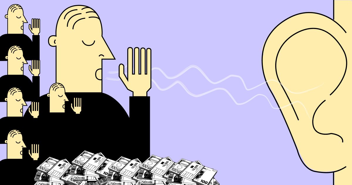 Na levi strani ilustracija lobistov, ki prišepetujejo v uho na desni strani. Spodaj kup denarja.