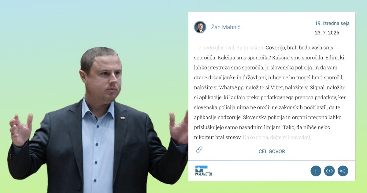 Zmedeni Žan Mahnič z rokami v zraku na levi, na desni okvirček iz Parlametra z njegovim govorom.