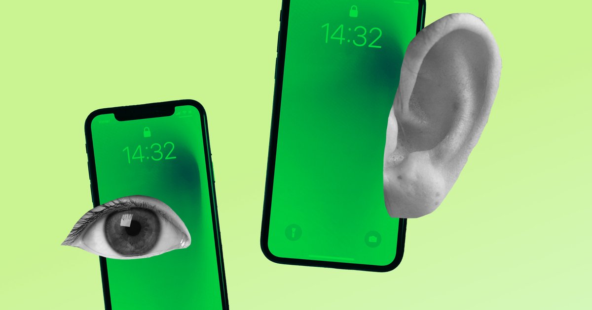 Kolaž mobilnih telefonov z očesom in ušesom na zelenem ozadju