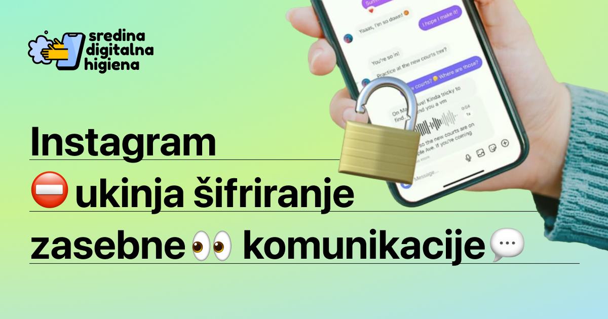 Grafika Sredina digitalna higiena z besedilom Instagram ukinja šifriranje zasebne komunikacije (z emojiji prepovedi, oči in oblačka). Na desni je pametni telefon z odprtim klepetom in ilustracijo odprte ključavnice.