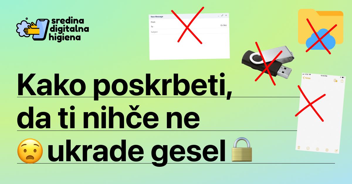 Grafika z naslovom Kako poskrbeti, da ti nihče ne ukrade gesel, logotipom Sredina digitalna higiena in prečrtanimi slikami nevarnih načinov shranjevanja gesel.