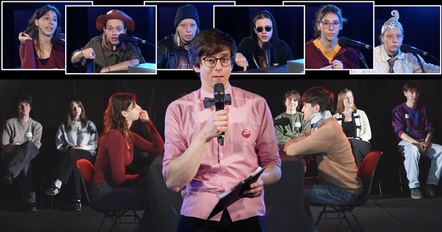 Naslovna slika oddaje Težko je biti volivec. V ospredju voditelj Filip Muki Dobranić, zadaj levo sedi skeptičarka, desno prepričevalec, v ozadju pa so portreti vseh skeptikov in na stolih vsi prepričevalci.