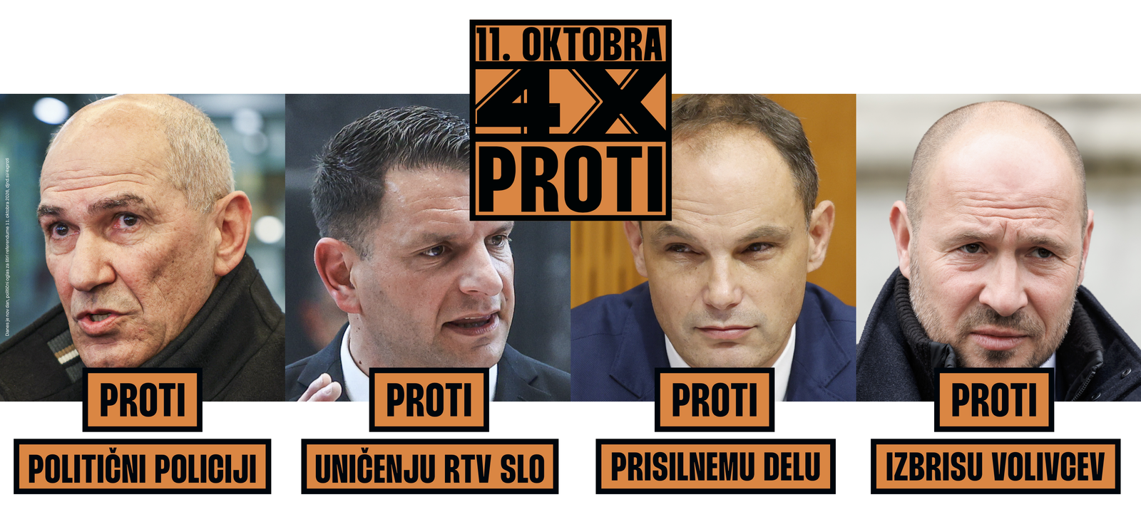 Jumbo plakat 4x proti obrazi Janše (proti politični policiji), Stevanovića (proti uničenju RTV Slovenija), Logarja (proti prisilnemu delu), Vrtovcec (proti izbrisu volivcev), znak 4x PROTI