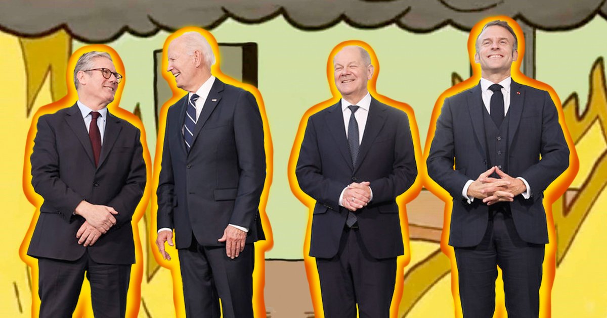 Keir Starmer, Joe Biden, Olaf Scholz in Emmanuel Macron, v ozadju pa ilustracija gorečega stanovanja