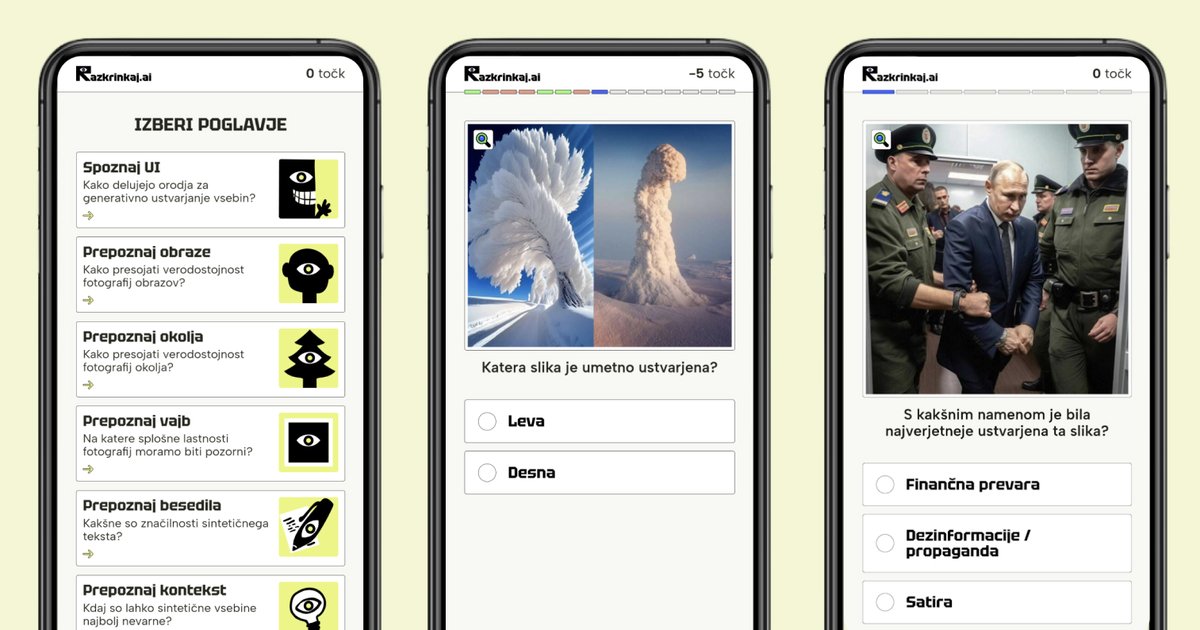 Trije mobilni telefoni, na njih pa zajemi zaslona kviza Razkrinkaj.ai, na katerih so vsa poglavja, primerjava resnične in sintetične slike oblaka ter umetno ustvarjena slika aretiranega Putina