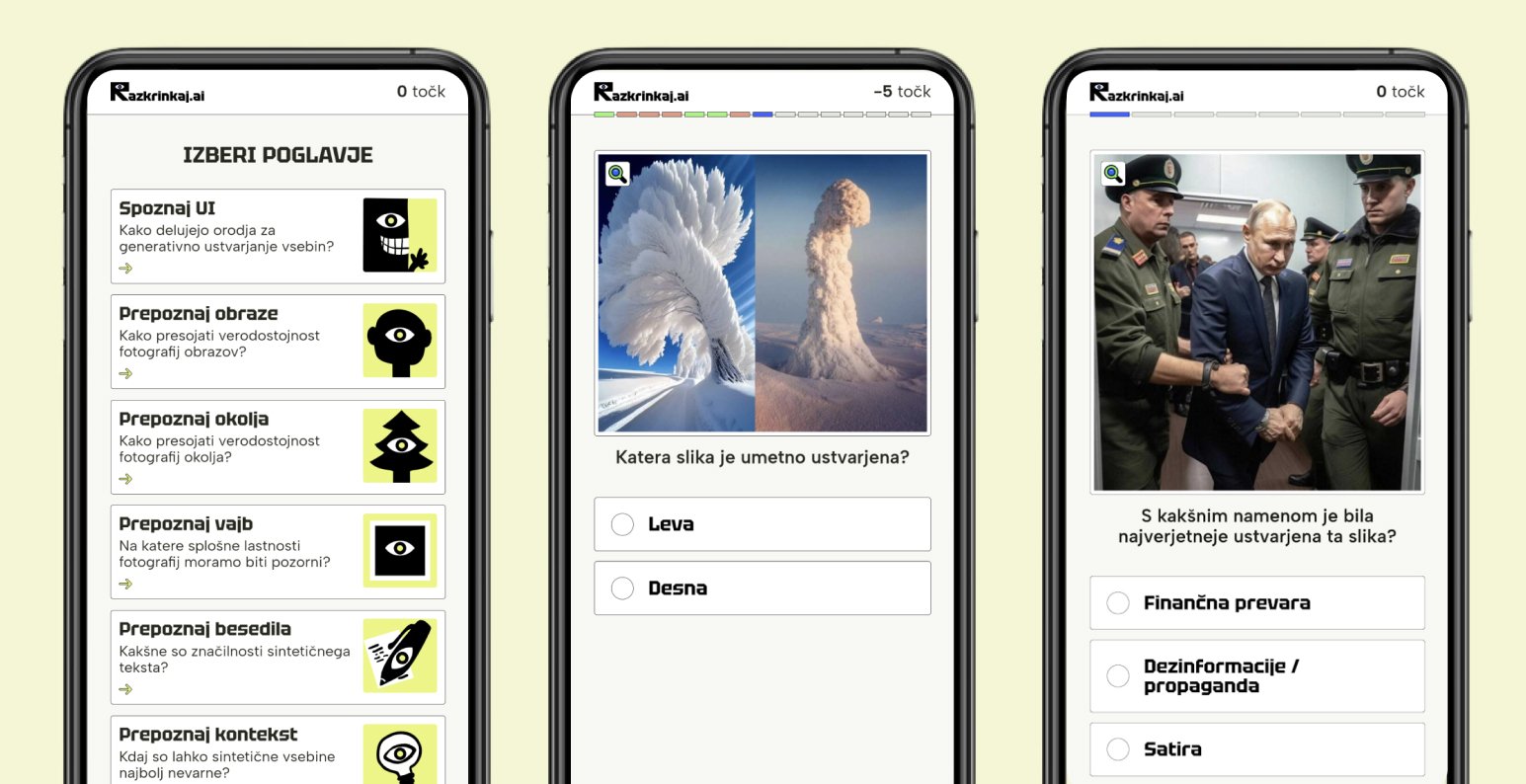 Trije mobilni telefoni, na njih pa zajemi zaslona kviza Razkrinkaj.ai, na katerih so vsa poglavja, primerjava resnične in sintetične slike oblaka ter umetno ustvarjena slika aretiranega Putina