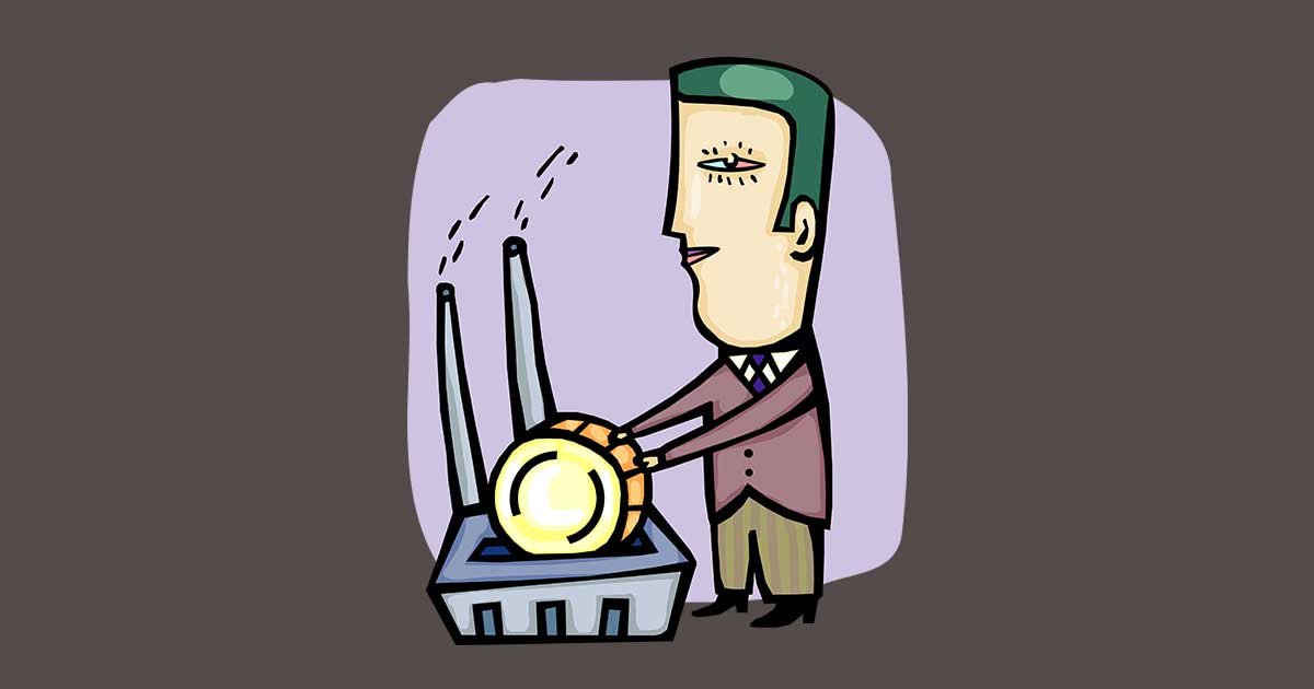 Ilustracija moškega, ki v tovarno z dimniki vstavlja kovanec.