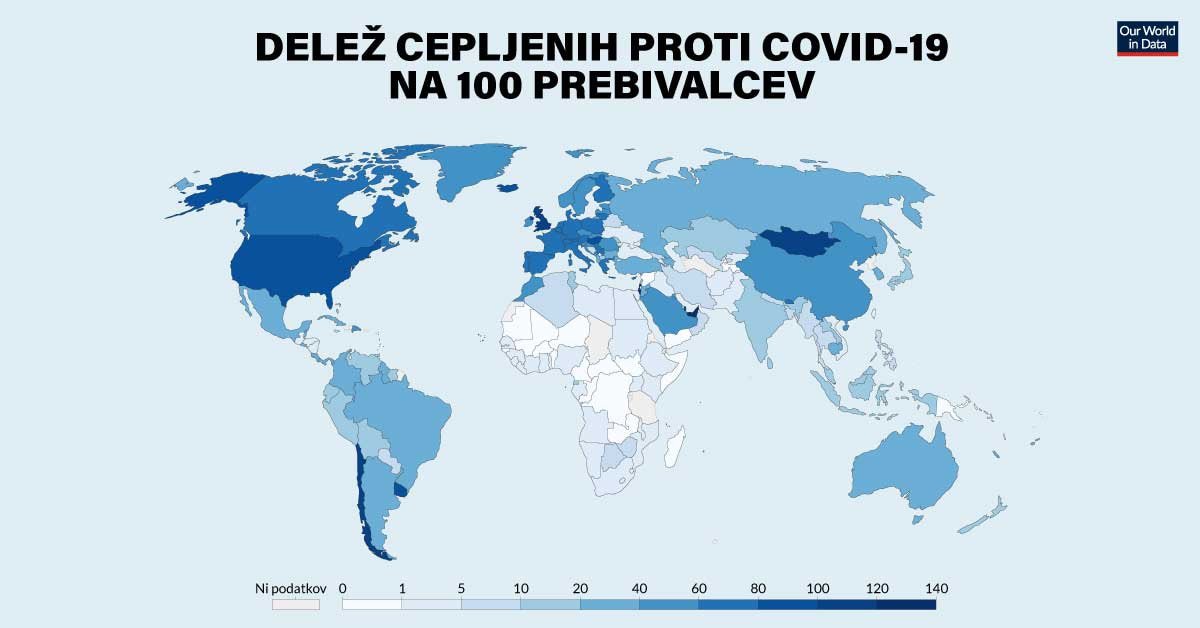 Zemljevid sveta, na katerem so obarvane države po precepljenosti proti COVID-19 na 100 prebivalcev. Očitno je vidna razlika med