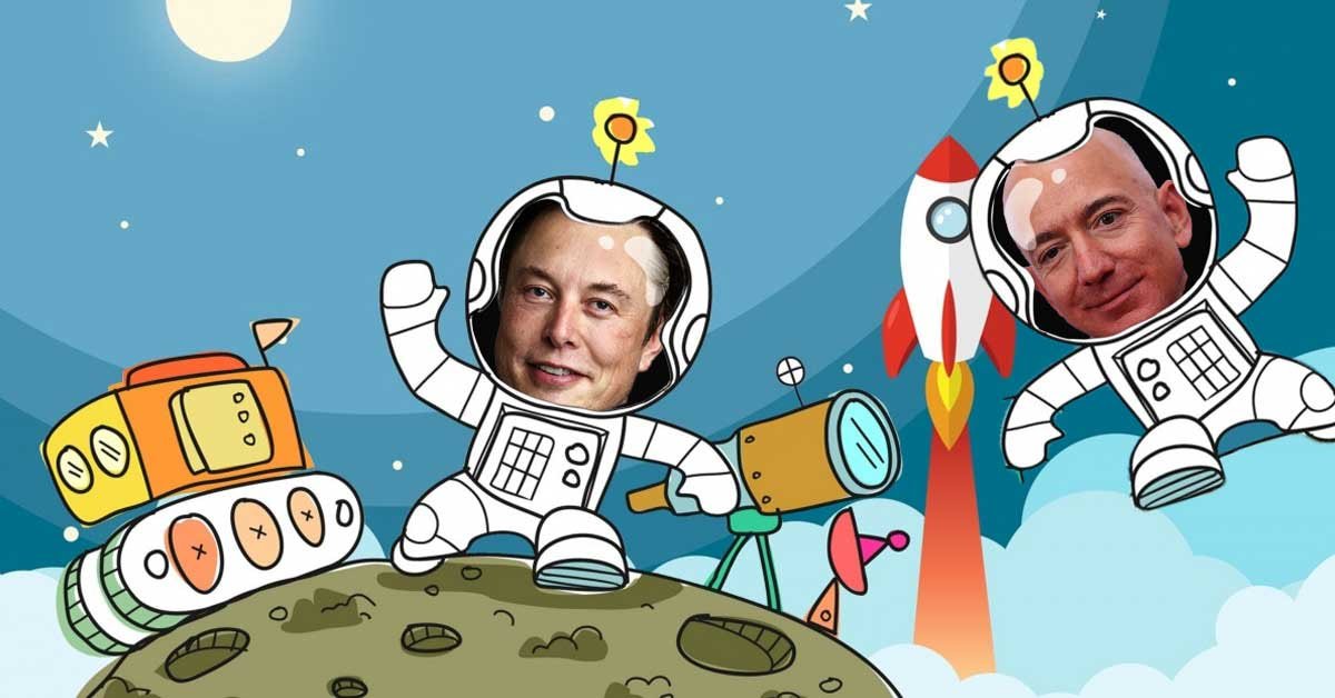 Karikatura-ilustracija, na kateri lahko vidimo del vesolja z enim planetom,. Na sliki sta tudi dva astronavta z obrazoma Elona Muska in Jeffa Bezosa.