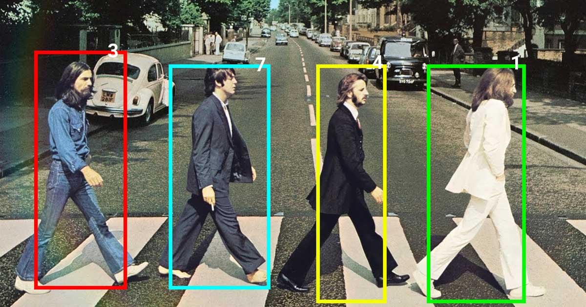 Znamenita slika naslovnice albuma skupine The Beatles Abbey Road: štirje člani skupine prečkajo ulico na zebri. Okoli vsakega od njih je dodan barven okvir.