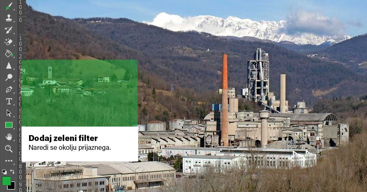 Fotografija Salonit Anhova s Photoshop filtri na levi. Aktiviran je filter za spremembo barve, na katerem piše: