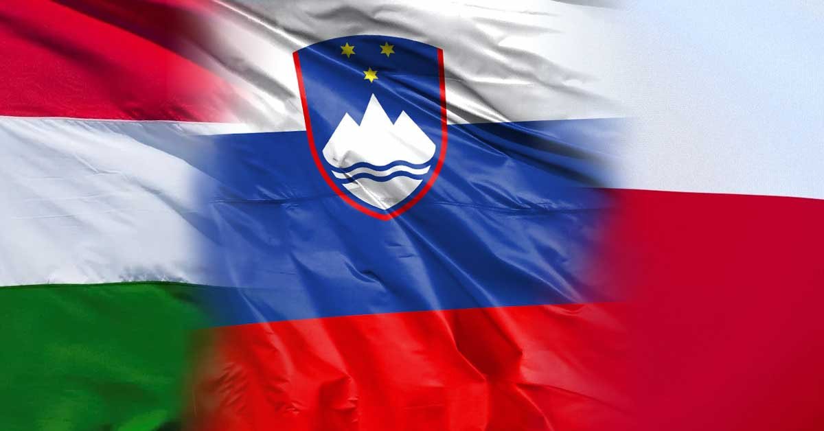 Madžarska, slovenska in poljska zastava, ki se prelivajo druga v drugo.
