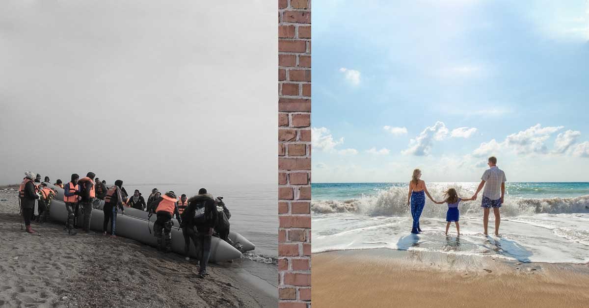 Razmejena plaža z opečnato steno. Na desni je slika precej siva, z zamolklimi barvami in kaže čoln z begunci na obali. Na desni je slika barvna, sončna, z dvema odraslima in enim otrokom, ki stojijo v nizki vodi in čakajo na val.