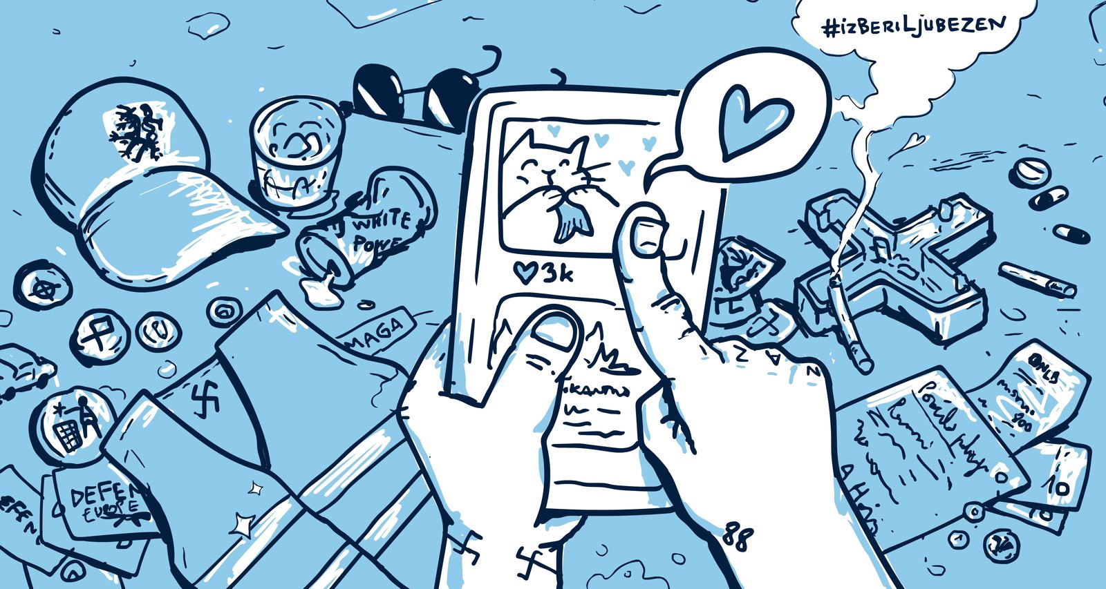 ilustracija mobilnega telefona, na katerem je slika mačka in prst, ki brska po družbenem omrežju. V ozadju so različni nestrpni simboli, od rumenega jopiča do karantanskega partnerja.