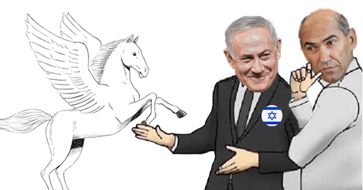 na levi strani slike je krilati konj Pegasus, desno od njega pa navdušena Janša in Netanyahu 