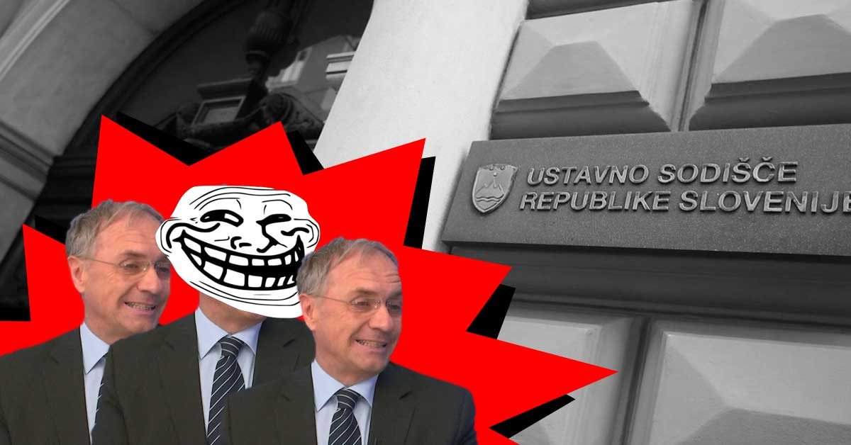 Vhod Ustavnega sodišča v črnobeli, pred njim pa rdeč in črn oblak s tremi smejočimi se Hojsi, eden od njih ima namesto obraza trollface.