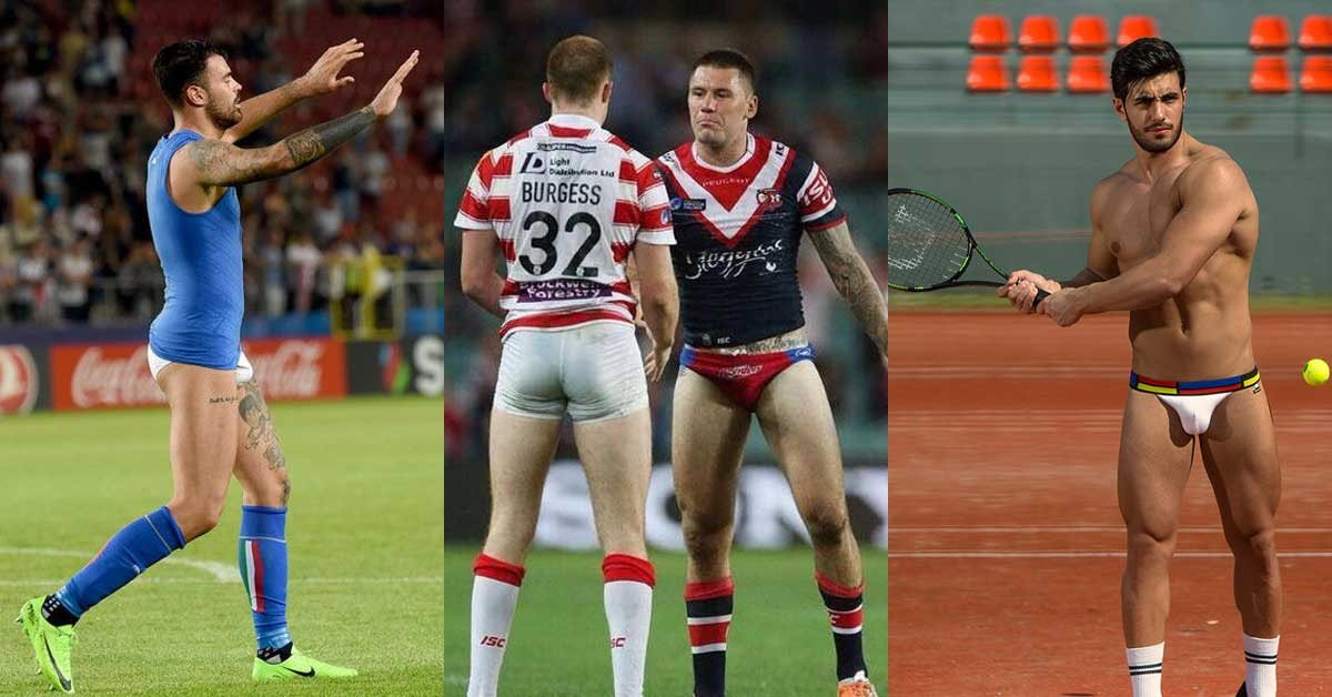 Montaža treh fotografij, ki prikazujejo moške v spodnjem perilu, ko igrajo: 1. nogomet, 2. ameriški nogomet, 3. tenis.