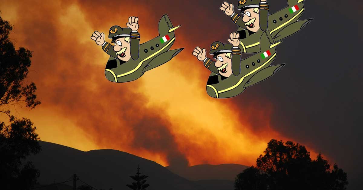 Fotografija gozdnega požara, nad njim pa so na nebu karikature treh italijanskih vojaških letal s piloti, ki imajo roke v zrak in so navdušeni.