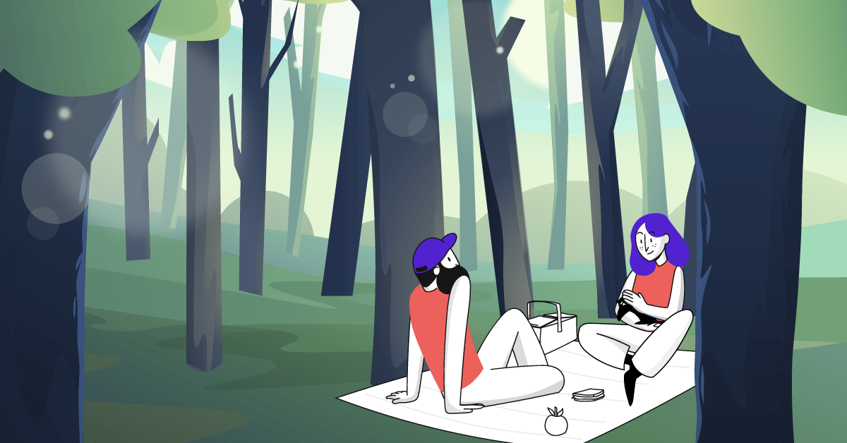 Ilustracija gozda, v katerem imata moški in ženska piknik.