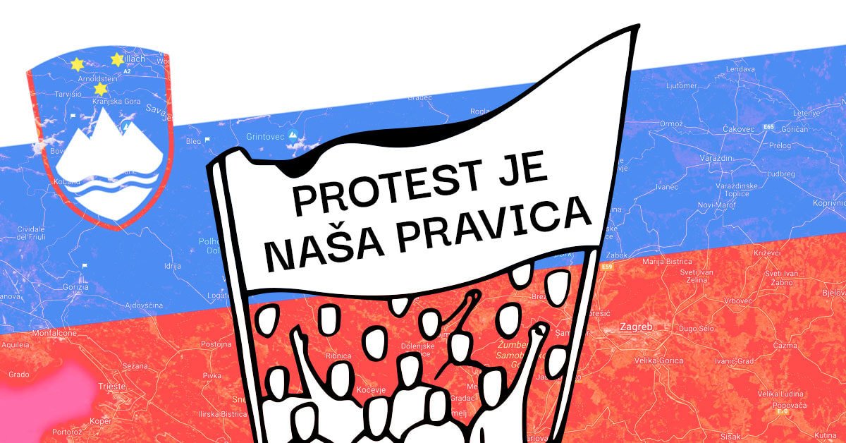 Ilustracija protestnikom z napisom Protest je naša pravica, v ozadju pa sta subtilno vidna slovenska zastava in zemljevid Slovenije.