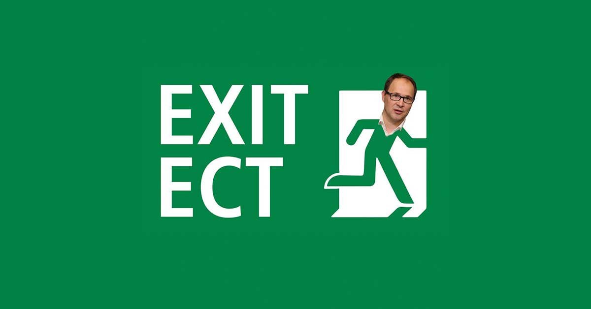 napis EXIT ECT s podobo ministra Vrtovca