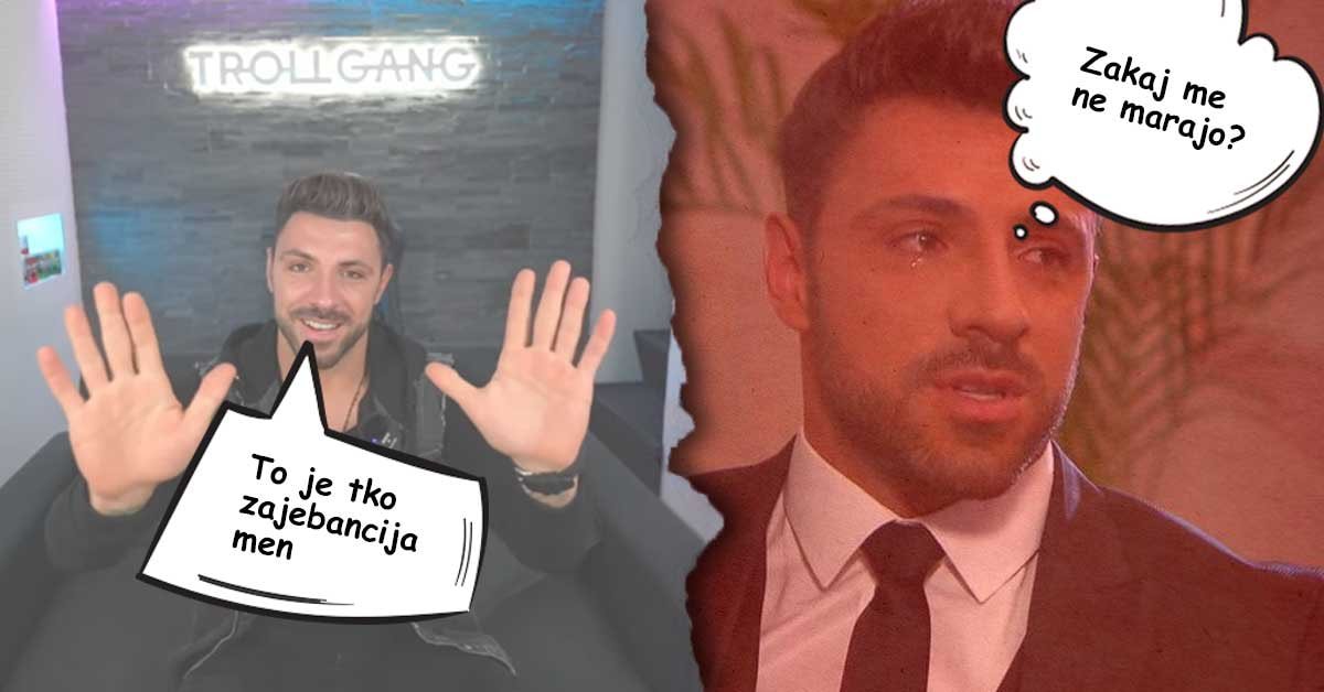 Na levi polovici slike je zajem zaslona iz videa, kjer Gregor Čeglaj predse dviga roke in pravi: