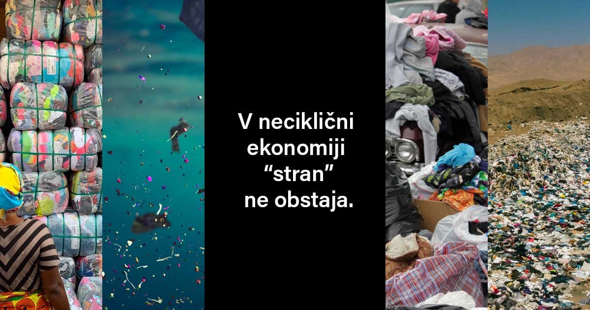 Kolaž fotografij Katamanto marketa oblačil iz druge roke v Gani, mikroplastike v oceanu, kupov doniranih oblačil in kupov zavrženih oblačil v Atakami. Na sredini je na črnem napis: V neciklični ekonomiji